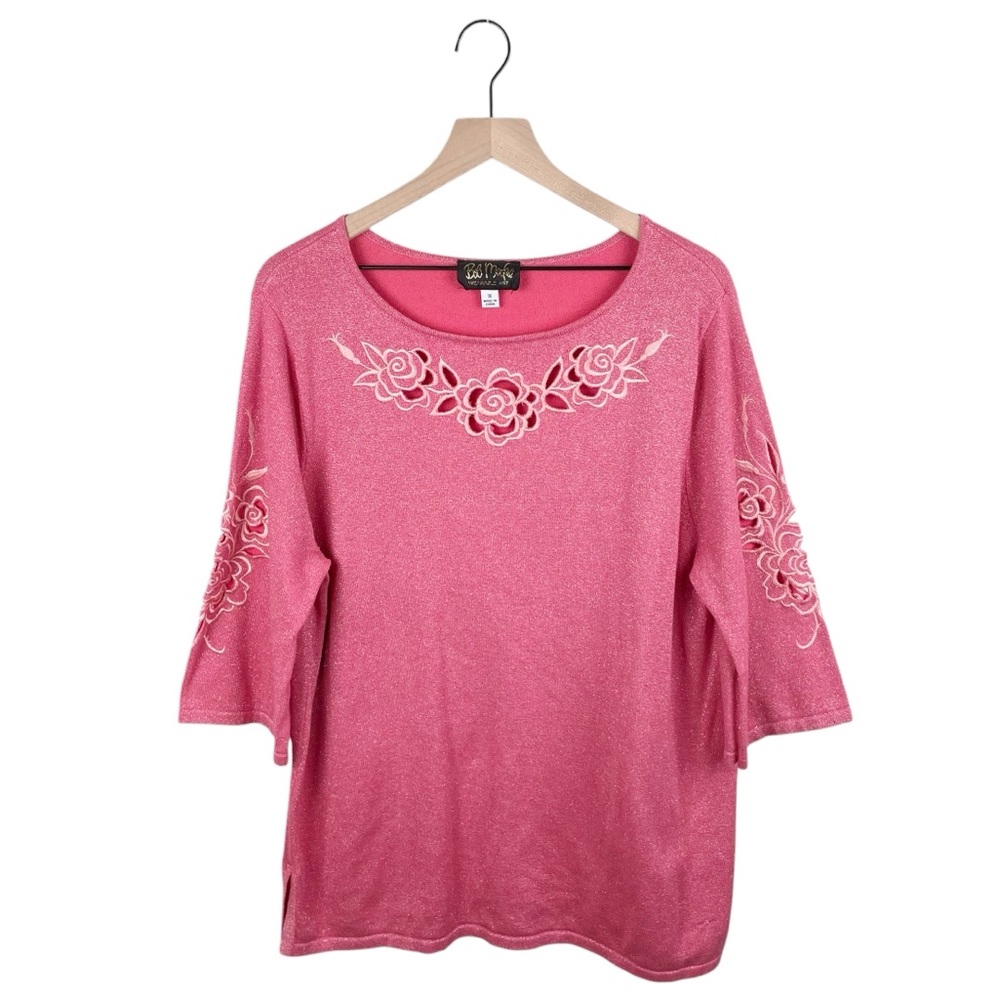 Vintage Bob Mackie Wearable Art Cut Out Sweater Size 1X Pink Metallic Floral